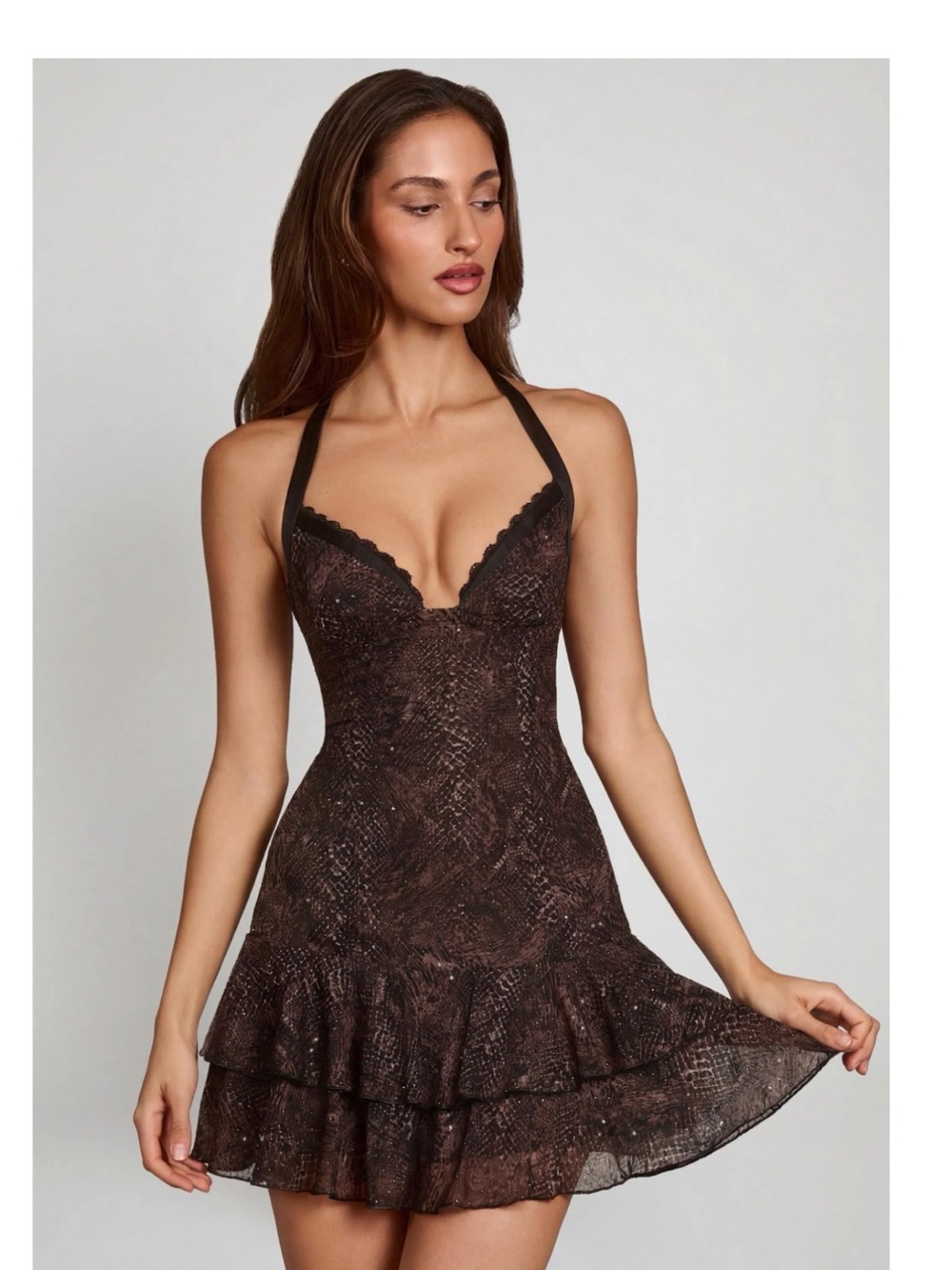 Oh Polly Brown Lace Halter Mini Dress